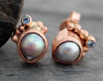 Akoya Saltwater Pearl and Aquamarine Earrings in Recycled Gold- Rose, Yellow, White Gold Custom Made to Order Post Earrings