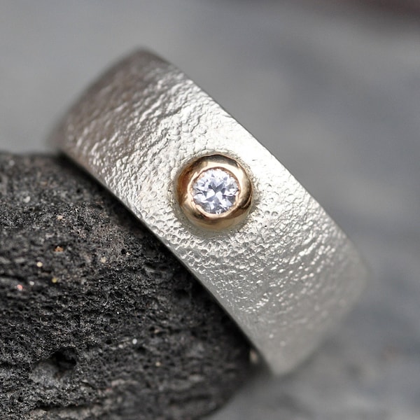 Reticulated Sterling Silver and Yellow Gold Gray-Silver Spinel Ring Made to Order Handmade