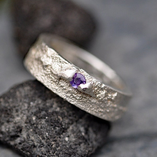 Purple Sapphire Silver Ring Size 7- Sand Cast Ring