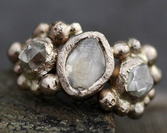 Raw Rough Diamond Trio in Recycled Gold- Custom Made to Order Uncut Diamond Engagement Ring