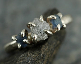 Conflict Free Rough Large Diamond and Montana Yogo Gulch Sapphire Engagement Ring in 14k White Gold- Reserved Handmade