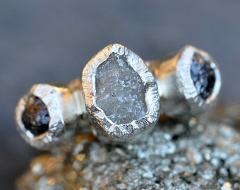 Triple Black and White Rough Diamond Ring in Sterling Silver- Custom Made Band