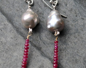 Silver Grey Baroque Pearls with Rubies Sterling Silver and Gold Earrings Ready To Ship