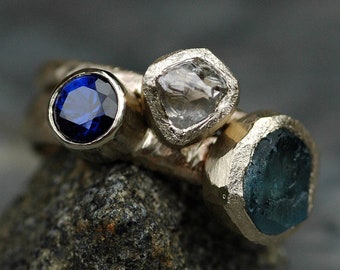 Multistone Recycled 18k Gold Stacking Engagement and Wedding  Ring Set- Rough Diamond, Aquamarine, and Sapphire