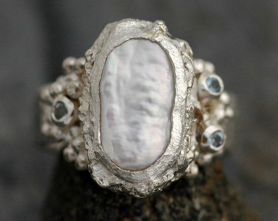 Biwa Pearl and Aquamarine in Reticulated and Hammered Sterling Silver Ring- Made to Order