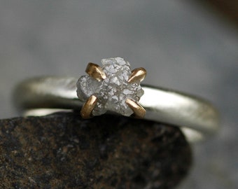 Yellow Gold and Brushed Sterling Silver Rough Grey Silver Diamond Ring- Made to Order