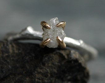 Raw Diamond Sterling Silver and Yellow Gold Branch Ring- Made to Order Engagement Ring