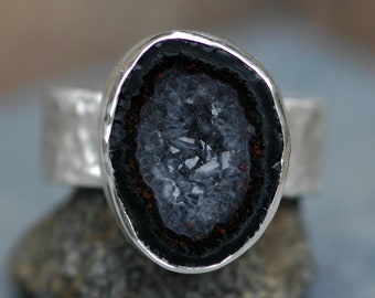 Mini Tabasco Geode Ring on Recycled Hammered Sterling Silver Band Handmade