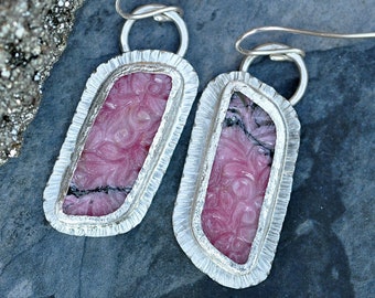 Floral Carved Pink and Black Rhodochrosite Sterling Silver Earrings Ready To Ship