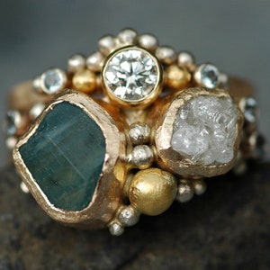 Multistone Raw Aquamarine, Rough and Cut Diamond Recycled Gold Stacking Ring Set Two Custom Made Rings Handmade image 1