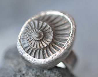 Pyrite Ammonite Negative Fossil in Hammered Recycled Sterling Silver Ring Size 6.5-7 Ready to Ship