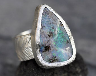 Australian Boulder Opal Wide Band Sterling Silver Ring Made To Order