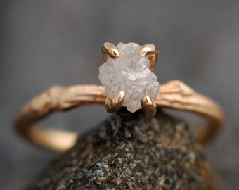 Rough Diamond and 14k Gold Branch Ring- Twig Band, Custom Made Wedding Engagement Ring in Yellow, White, Rose Gold with  Rough Uncut Stone