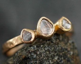 Rose Cut White Diamond Trio on Recycled Gold Ring- Custom Unique Engagement Ring