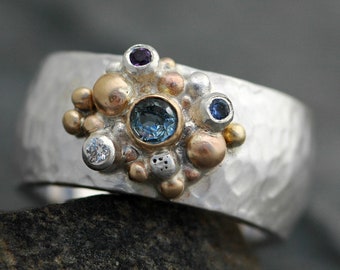 Multistone Aquamarine, Sapphire, Diamond, and Amethyst on Rose/Yellow Gold and Sterling Silver Hammered Band- Made to Order