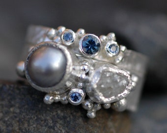 Montana Sapphires, Raw Diamond, and Japanese Saltwater Pearl in Silver Gold Platinum Two Ring Bridal Set- Custom Made