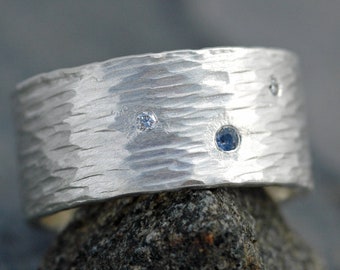 Hammered Sterling Silver Ring with Flush Set Yogo Gulch Sapphire and Diamond Melee- Built To Order