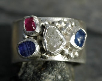 Mothers Ring- Rough Raw Gemstones on Sterling Silver Ring- Made to Order