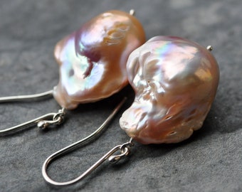 Peach Mauve Purple Baroque Flameball Pearls Sterling Silver Earrings Ready To Ship