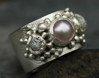 Raw Rough Diamonds and Pink Pearl in Wave Textured Recycled Sterling Silver Ring- Custom Made Handmade