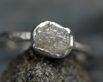 Platinum and Conflict-free Raw Diamond Engagement Ring with Hammered Band- Made to Order Handmade