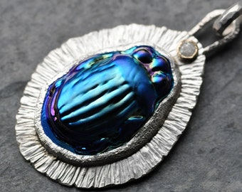 Iridescent Blue Cast Glass Scarab Beetle in Sterling Silver, Yellow Gold, and Diamond Pendant With or Without Paperclip Chain
