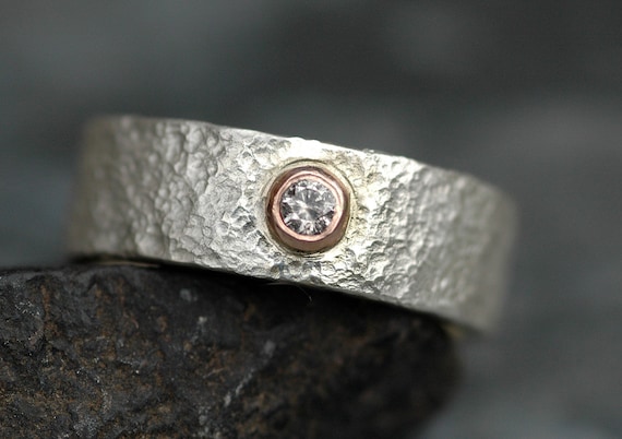 Salt and Pepper Galaxy Diamond on Sterling Silver Ring with Rose Gold Bezel- Ready To Ship Size 7- 7.5