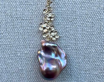 Purple Mauve Flameball Pearl on Yellow Gold Floral Flower Stem With or Without Chain Handmade