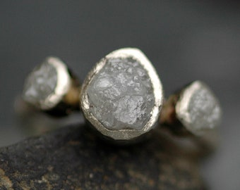 Conflict Free Rough Diamond Trio- Three Raw Diamonds on Recycled Gold Engagement Ring Custom Made
