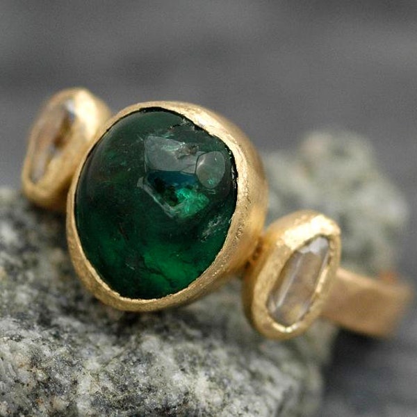 Emerald or Tourmaline and Rough Diamond on Recycled 18k Gold Ring- Made to Order Handmade