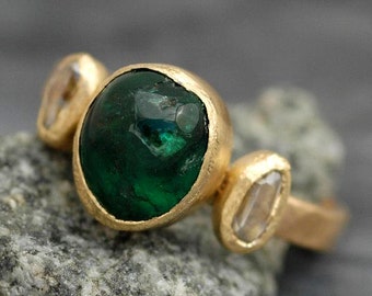 Emerald or Tourmaline and Rough Diamond on Recycled 18k Gold Ring- Made to Order Handmade