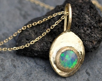 Australian Solid Black Opal in 18k Yellow Gold Charm Pendant Necklace With or Without Chain