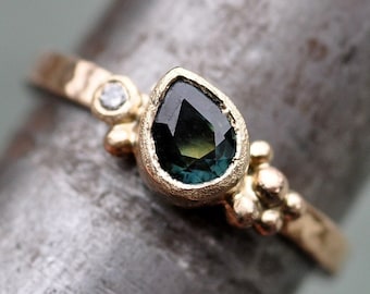 Teal Blue Australian Sapphire and Diamond Yellow Gold Ring- MADE TO ORDER Handmade