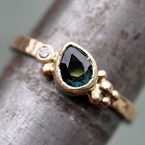 Teal Blue Australian Sapphire and Diamond Yellow Gold Ring- MADE TO ORDER