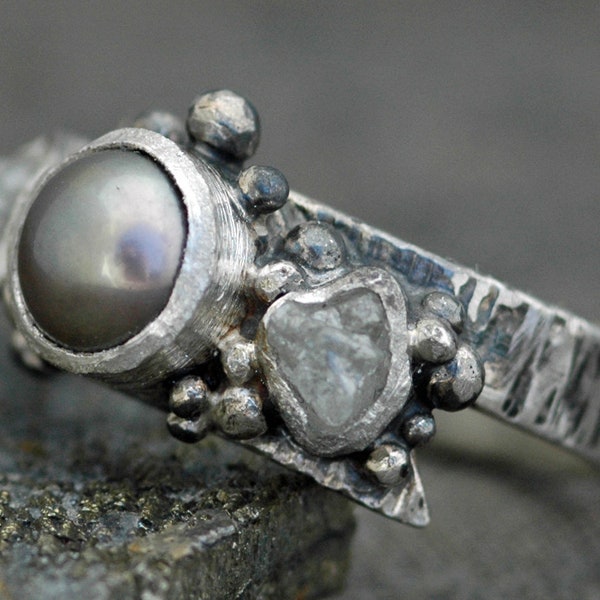 Raw Rough Diamonds and Steel Grey Pearl in Textured Sterling Silver Ring- Custom Made Handmade