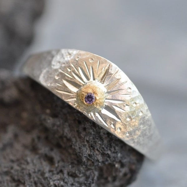 Silver and Gold Purple Sapphire Ring Hammered Engraved Shield Signet Made to Order Handmade