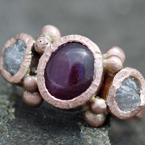 Star Ruby and Rough Diamonds in 14k or 18k Recycled  Gold Ring- Custom Made White, Rose, or Yellow Gold Handmade