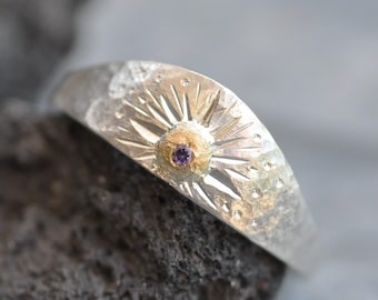 Silver and Gold Purple Sapphire Ring Hammered Engraved Shield Signet Made to Order