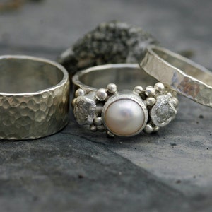 Three Rings Rough Raw Uncut Diamond and Pearl Engagement Ring and His and Hers Wedding Band Set Handmade image 4