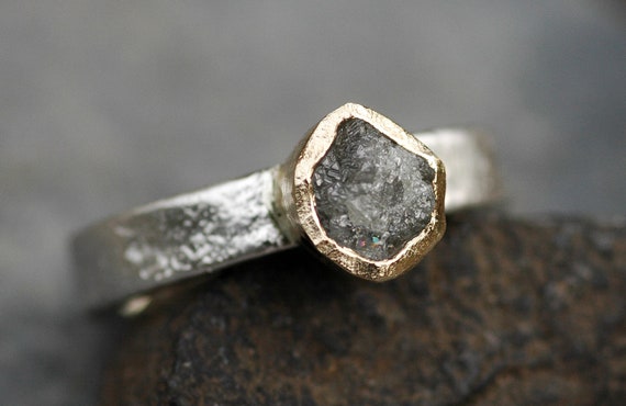 Yellow Gold and Reticulated Sterling Silver Rough Diamond Ring- Ready to Ship