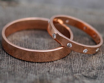 Recycled Gold Wedding Bands- 14k Gold Custom Made His and Hers Wedding Rings with Flush Set Diamonds