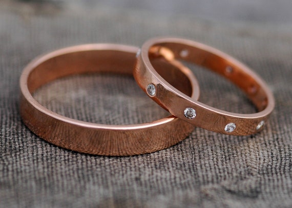 Recycled Gold Wedding Bands- 14k Gold Custom Made His and Hers Wedding Rings with Flush Set Diamonds Handmade