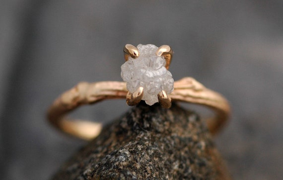 Rough Diamond and 14k Gold Branch Ring Twig Band Custom Made Wedding Engagement Ring in Yellow White Rose Gold with Rough Uncut Stone