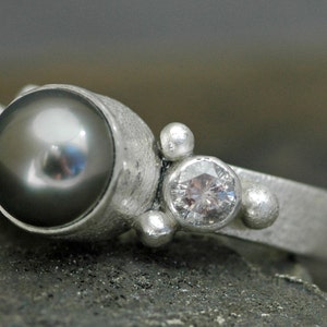 Black Tahitian Pearl, Rough Diamond, and Cut Diamond Silver Ring Handmade image 2