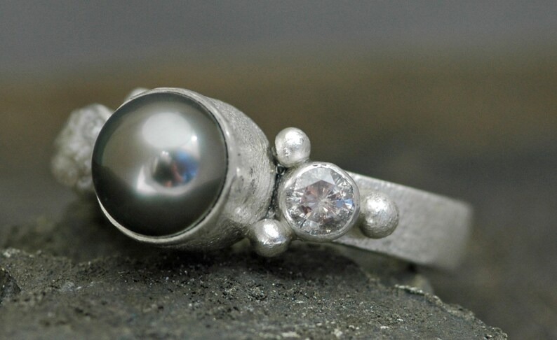 Black Tahitian Pearl, Rough Diamond, and Cut Diamond Silver Ring Handmade image 2