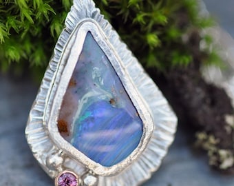 Australian Boulder Opal Rhodolite Garnet Sterling Silver Rose Gold Necklace Pendant With or Without Chain  Handmade Ready to Ship