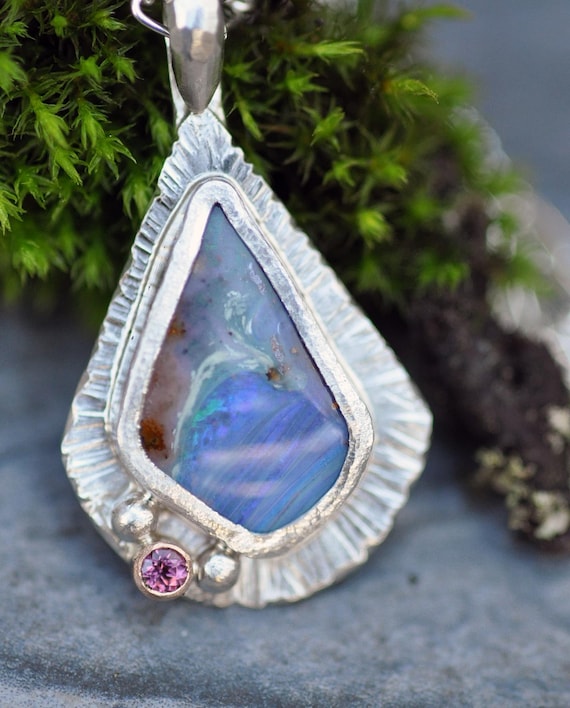 Australian Boulder Opal Rhodolite Garnet Sterling Silver Rose Gold Necklace Pendant With or Without Chain  Handmade Ready to Ship
