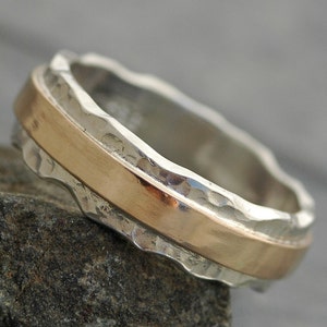 Wedding Ring Set Hammered Sterling Silver and Recycled Yellow 14k Gold Wave Bands Mixed Metal Custom Made Handmade image 3