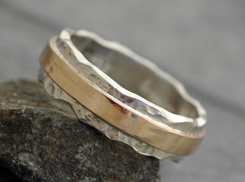 Wedding Ring Set Hammered Sterling Silver and Recycled Yellow 14k Gold Wave Bands Mixed Metal Custom Made Handmade image 3