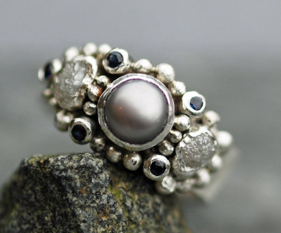 Rough Raw Diamond, Coloured Gemstones and Pearl Engagement Band- Custom Made Custom Colour Handmade